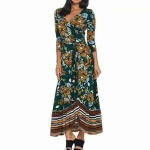 Du Jour Dark Green Floral Boho 3/4 Sleeve Faux Wrap Maxi Dress Size Small